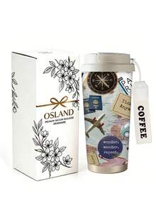 1pc/5pcs 500ml Wanderlust Travel Insulated Coffee Mug With Lanyard Lid, Vintage Collage World Map Compass Airplane Passport And Travel Quotes Print, Stainless Steel Reusable Cup, Suitable For Commuting Outdoor Gift - Multicolor - View 4