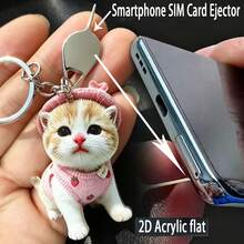 Multifunctional 2D Flat Cute Cat Keychain, Backpack Decoration Pendant, With Smartphone SIM Card Ejector Tool, Cute Acrylic All-Season - Color Shown In Image - View 3