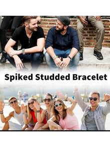 Xiacheng 1Set Punk Rock Studded Bracelet, Biker Cuff | Black Leather, Adjustable Leather Cuff,Y2K Gothic Punk Rock, Wrap Bangle, Snap Button For Halloween - Multicolor - View 5
