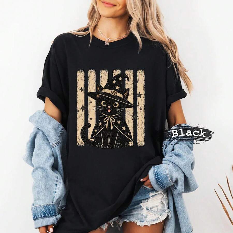 Halloween Black Cat Witch. ® Retro Spooky Season Mom Shirt - 黑色 - 查看 1