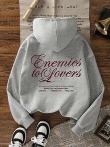 Enemies To Lo Letter Print Loose Sweatshirt Sweatshirt Women Casual Streetwear Pullover - Dark Gray - View 5