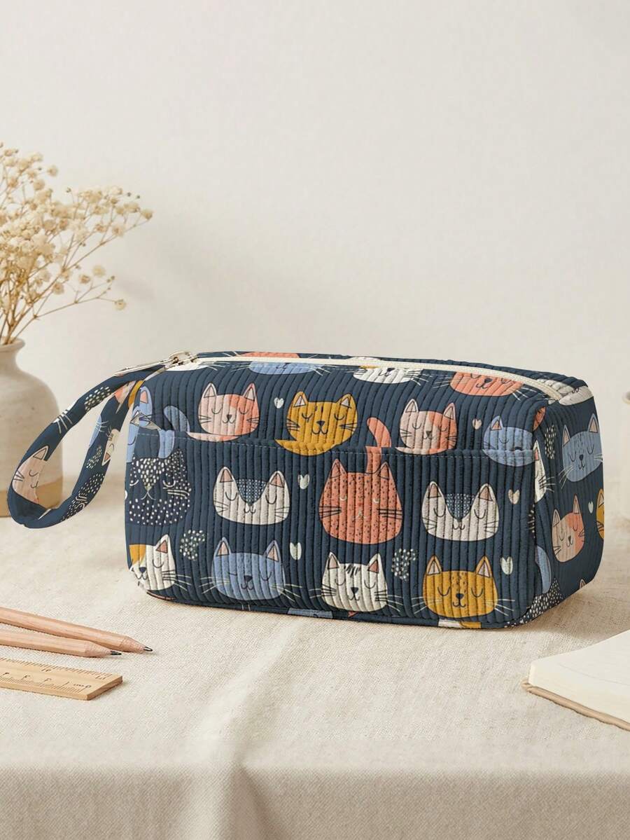 1pc Cat‑Face Pattern Corduroy Foldable Pencil Case With Side Pocket & Handle, Multi-Use Bag For Start Of School & Travel Essentials - Multicolor - View 1