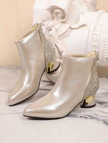 Champagne French Pointed Toe Autumn/Winter Single Boot Glitter Patchwork Back Zipper Elegant Versatile Ankle Boots For Women - Champagne - View 7