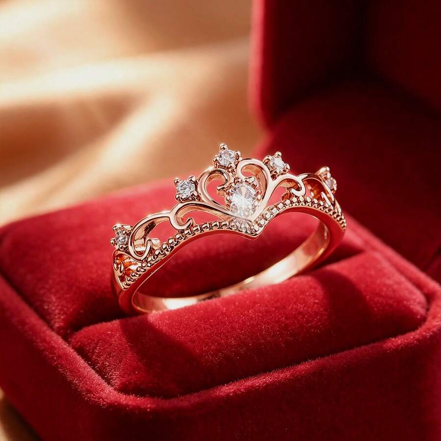 1 pieza Anillo elegante con forma de corona de circonita cúbica para mujer - Oro rosa - Ver 1