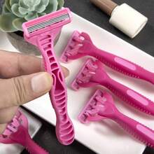 6 piezas/paquete de maquinillas de afeitar desechables manuales para hombres y mujeres, maquinilla de afeitar de 3 hojas, maquinilla de afeitar desechable para hotel y viajes - Rosa - Ver 4