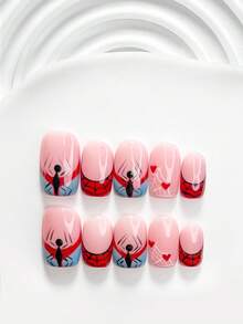 萬聖節主題 10 件組可愛風手工穿戴甲 Polygel 凝膠美甲套組，蜘蛛網與蜘蛛圖案，紅藍配色，甜酷風格，含美甲工具，3 種尺寸可選：方形、短方形、杏仁形，適合派對、跳舞、日常配戴 - 彩色 - 查看 15