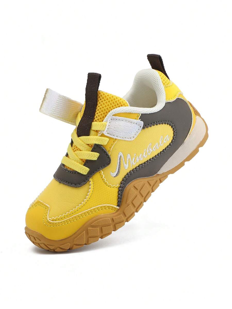 mini bala Toddler Retro Sneakers 2026 New, Leather Splicing Color Block Hook & Loop Lace-Up Non-Slip Platform Casual Kids Shoes - Yellow Coffee Tone - View 1