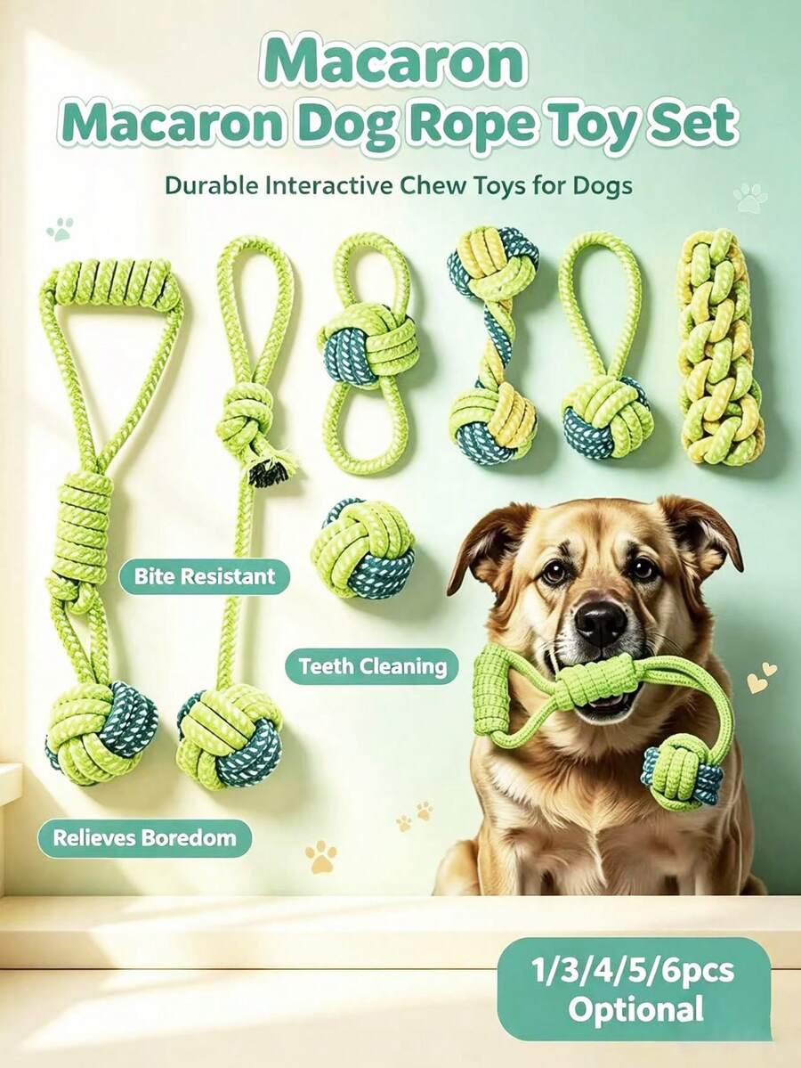 1/3/4/5/6pcs Green Series Pet Dog Cotton Rope Toy Set, Durable Chew Teeth Grinding Boredom Relief Knot Rope Toy, Small Dog Puppy Teeth Cleaning Interactive Pull Rope Toy, Pet Chewing Toy - Multicolor 2 - View 1