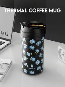 Meoky 20oz大容量真空保溫不鏽鋼咖啡杯，印花圖案，多功能設計，防漏蓋，可重複使用，適合運動、健身、旅行與學校使用 - 黑色藍雛菊 - 查看 3