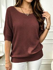 Suéter holgado de unicolor para mujer de talla grande, casual para primavera/verano/otoño - Óxido marrón - Ver 1