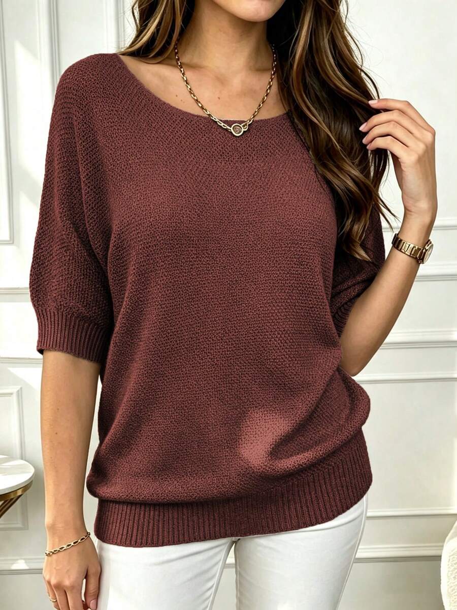 Suéter holgado de unicolor para mujer de talla grande, casual para primavera/verano/otoño - Óxido marrón - Ver 1