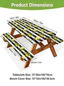 3 PiecesPicnic Tablecloth Set With Bench Cover, Elastic Edge Design, Line And Floral Pattern, Fresh Style, Washable Rectangular Tablecloth, Suitable For Wedding, Camping, Picnic, Garden Party And More, Practical Essential - B - View 5