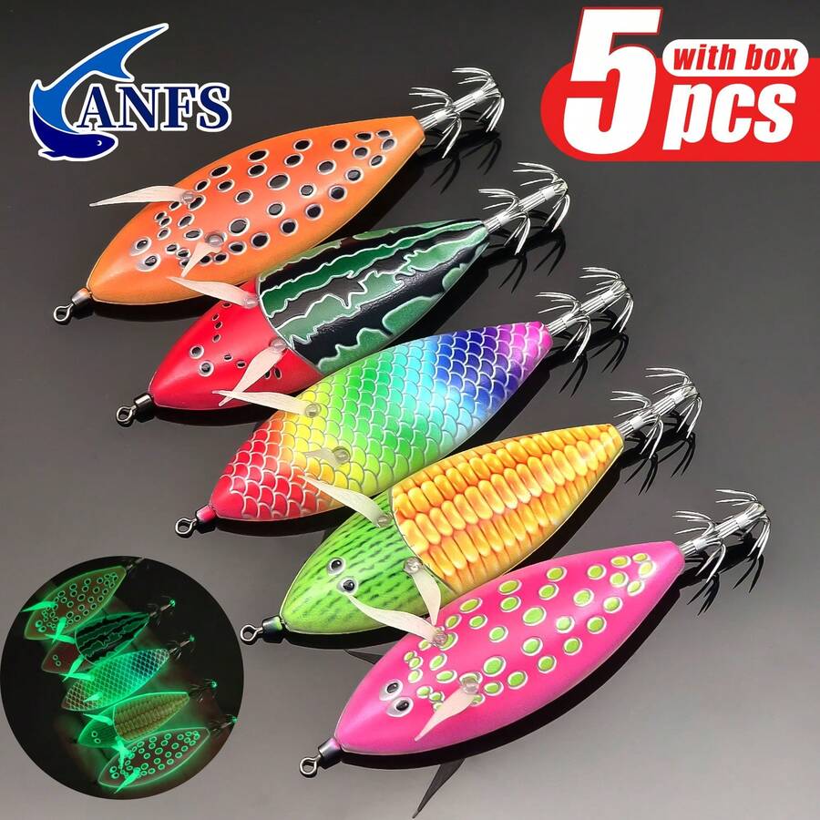 ANFS 5pcs Umpan Pancing Cumi-cumi Jig Horizontal untuk Memancing Cumi-cumi, Sotong, dan Ikan Laut di Air Asin