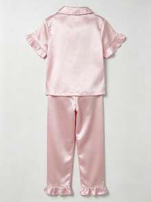 Set Piyama Satin Merah Muda untuk Anak Perempuan, Lengan Pendek dan Celana Panjang, Bukaan Depan Berkerah, Pakaian Santai Manis dengan Hiasan Ruffle - Berwarna merah muda - View 3
