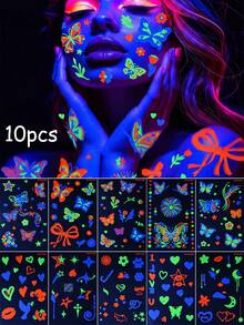 10入蝴蝶UV螢光夜光臨時紋身貼紙，霓虹螢光蝴蝶花朵愛心星星圖案裝飾貼紙身體彩繪紋身，適合夜店、派對、音樂節、電音派對 - 彩色 - 查看 11