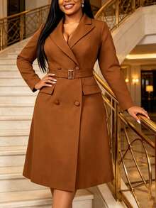 AOMEI Elegant Fashion Women Fall/Winter Brown Long Sleeve Slim-Fit Lapel Double-Breasted Suit Midi Dress For Formal Business Occasions, Office Commute - Brown - View 8