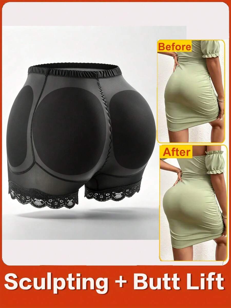 Women Padded Butt Lifting Shapewear Shorts, High Waisted Elegant Tummy Control Panties, Sculpting Smoothing Hip Enhancing Briefs - Black - View 1