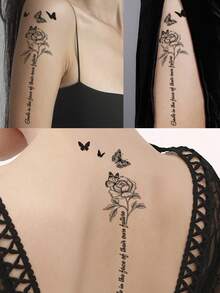 Daisy Butterfly Line English Word Phrase Pattern Temporary Tattoo Stickers, Suitable For Wrist, Ankle, Shoulder, Neck, Collarbone DIY Daily Party Holiday Gift, Waterproof Realistic Tattoo Stickers - Black - View 2