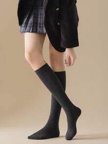 1/5 Pairs Women's Long Socks, Calf Socks, Spring/Autumn Style, Compression Slimming High Tube Half-Leg Slouch Socks, Solid Color Cotton - Multicolor - View 5