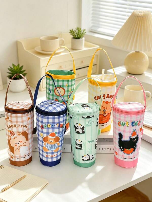 1PC/6PCSCute Cartoon Grid Print Cup Insulated Bag, Portable Reusable Drink Bottle Holder With Hand Strap, Zipper Cylindrical Milk Tea Cup Pouch, Heat Cold Preservation Water Cup Sleeve, For Daily Commute, Coffee, Bubble Tea Drinks Outdoor Carry
