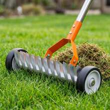 FUSHITON Thatch Rake 15 Inch With Wheels For Lawn Dethatching | Heavy-Duty Metal,Adjustable Long Handle,For Soil Loosening & Leaf Gathering - A - View 9