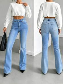 Women's Casual Washed Denim Tapered Pants, With Pockets, Medium Stretch, Long Length, Suitable For Daily Wear Vacation Fall - Light Wash - View 2