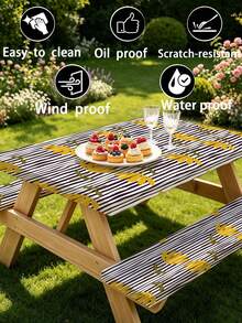3 PiecesPicnic Tablecloth Set With Bench Cover, Elastic Edge Design, Line & Floral Pattern, Matching Floral Pattern, Washable Rectangular Tablecloth, Suitable For Weddings, Camping, Picnics, Garden Parties And More, Practical Essential - C - View 9