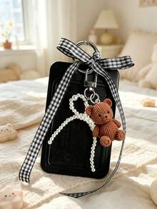 Card Holder With Sliding Mesh Shoulder Strap And Faux Pearl Pendant, Decorated With Cute Brown Bear Charm, Detachable And Erasable Sliding Cover, Student Campus Card/Meal Card Protector, With Pearl Bow Keychain, Durable Transparent Card Holder With ID Window And Card Slot, Campus Card, ID Card, Transit Card Holder, DIY Keychain Charm, Bank Card Holder, Birthday Gift, Holiday Souvenir, Back To School Gift, Graduation Gift, Travel Essential - Multicolor - View 7