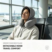 Elevated Solid Color Hooded U-Shaped Pillow Comfortable Nap Pillow Polyester Material Premium Polyester Fiber U-Shaped Neck Pillow Adjustable Elastic Drawstring U-Shaped Pillow Neck Pillow Driving Airplane High-Speed Rail Train Self-Driving Travel Pillow Hat Pillow Office Nap Pillow U-Shaped Pillow - A - View 3