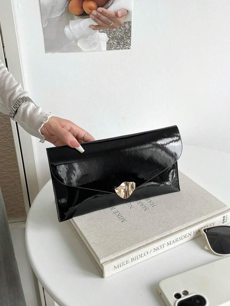 Patent Leather Fashion Hardware Solid Color Minimalist Casual PU Solid Color Clutch Bag Envelope Wallet Coin Purse - Black - View 4