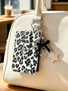 Multi‑Slot Leopard Print Card Holder With Star Bow Keychain,PU Mini Zipper Coin Purse,Thin Card Case Id Window,Portable Id Card Wallet Bag Charm - Multicolor - View 2
