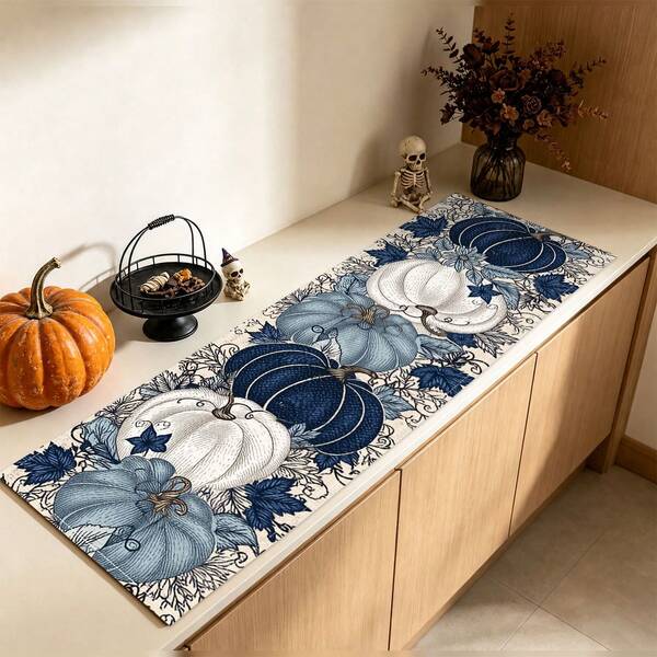 1pc Blue & White Pumpkin Autumn Harvest Table Runner, Vintage Maple Leaf Floral Tablecloth, Thanksgiving Harvest Theme Dining Table Entryway Long Decorative Flag, Suitable For Party Decor, Home Decoration, Halloween & Thanksgiving