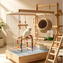 2件組天然木製鳥類梯子鞦韆玩具套裝，7層攀爬梯附掛鉤，鳥棲木吊床鞦韆，鳥類遊戲場籠具配件，適用於金絲雀、小葵花鸚鵡、八哥及其他小型寵鳥，實用籠飾 - A - 查看 4