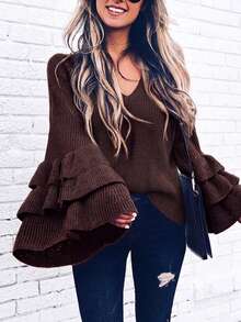 SEREN Autumn/Winter New Coffee Color V-Neck Knit Sweater, Slimming Waist Soft Inner Layer Top, Ruffle Bell Sleeve Design, Daily Wear - Coffee Brown - View 11