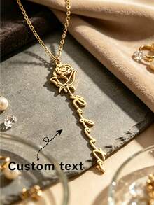 1pc Custom Rose Name Necklace,18K Gold‑Plated Stainless Steel,Custom English Script Pendant,Personalized Letter Necklace,Ideal Gift For Mother's Day,V - Multicolor - View 1
