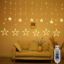 1pc LED Star Curtain String Lights, 8 Multi-Function Lighting Modes, Warm White LED Star Waterfall Lights, Christmas Decoration Lights, Suitable For Wedding, Birthday, Christmas, Valentine's Day, Party Decoration - Star - View 4