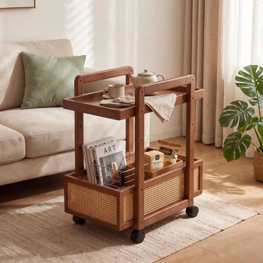 1PC Rattan Mobile Cart, Living Room Storage Cart, Can Store Books, Miscellaneous Items, Snacks, Sofa Side Shelf, Movable Dining Cart, Bedroom Storage Cart, Living Room Corner Storage, Floor Standing Mobile Shelf. - Multicolor - View 1