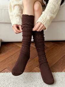 1 Pair Hollow Layered Leg Warmers, Knitted Mid-Calf Socks, Sweet Versatile White, Suitable For Autumn/Winter - Multicolor - View 5