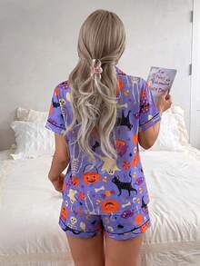 2pcs Women's Halloween Pumpkin & Black Cat Short Sleeve Collared Top And Bow Shorts Pajama Set - Blue - View 2