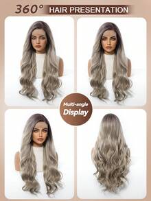 Ombre Grey Brown Wavy 13*4 Lace Front Wig, Pre-Plucked Natural Hairline With Baby Hair, Heat-Resistant Synthetic Fiber Glueless Natural Look Long Curly Wig 26 Inch - Brown Ombre - View 10