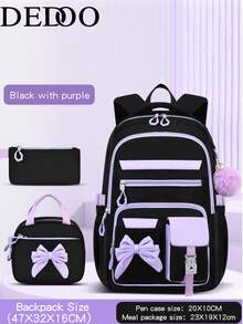 Dedoo 3-Piece Backpack, Tote Bag And Small Portable Bag Set, Bow Decor With Pom Pom Pendant, Double Zipper, Large Capacity, Student School Bag - Multicolor - View 4