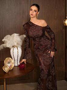 Elegant Burgundy Mermaid Long Sleeve Asymmetrical Sequin Dress, Women's Charming Formal Evening Gown With Ruched Details - Coffee Brown - View 4