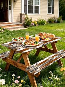 Juego de 3 piezas de mantel para picnic con cubierta de banco, diseño de borde elástico, patrón de líneas florales, mantel rectangular lavable, adecuado para bodas, camping, picnics, fiestas en el jardín y talla grande, esencial práctico - E - Ver 6