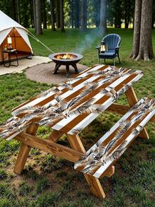 Juego de 3 piezas de mantel para picnic con cubierta de banco, diseño de borde elástico, patrón de líneas florales, mantel rectangular lavable, adecuado para bodas, camping, picnics, fiestas en el jardín y talla grande, esencial práctico - E - Ver 2