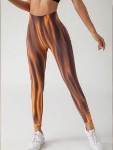 26 AW-Women's Halloween Pumpkin Color High Waist Seamless Color Block Leggings, Aurora Orange Print Gym Pants For Party Daily Fashion - Orange - View 7