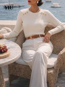 YIU Elegant Women's Autumn Ribbed Knit Top, Long Sleeve Round Neck High Elasticity Top With Gold Shoulder Decoration - White - View 3