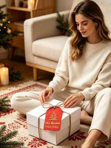 Red Background Gold Letter Spanish Christmas Tags, With Jute Rope, 2D Flat Card Latin American Christmas Greeting Gift Tags, Gift Box Packaging Decoration Tags - Multicolor - View 3