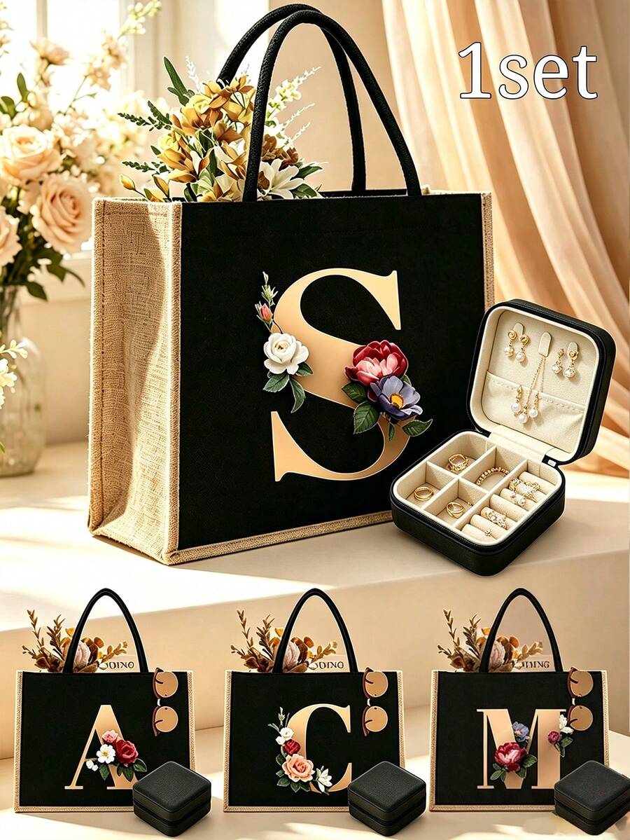 2 Stücke/Set Buchstabendruck Tragetasche, vielseitige tragbare bedruckte Handtasche, Leinenmaterial Blumenbuchstaben Handtasche, Geschenk für Frauen, Abschlussgeschenk, Vintage Leinen Tragetasche, geeignet für Hochzeit, Geburtstag, Strand, Urlaub und andere Anlässe; perfektes Geschenk für Frauen, Mutter, Lehrerin, Freundin, Brautjungfer; Tasche mit großer Kapazität, geeignet für Studenten und Schulanfang - Verschiedenfarbig - Übersicht 1