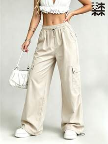 mulinsen Women's Elastic Waist Multi-Pocket Cargo Pants, Loose Wide Leg Drawstring Hem Casual Streetwear Long Pants - Beige - View 6