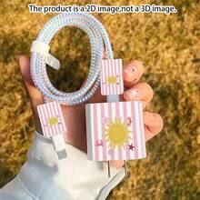 5pcs 2D Flat Design Sweet Ocean Stripe Pattern Phone Charger Protection Set, Charger Head Cover + Cable Protector + Storage Rope + Data Cable Protection Rope, Suitable For IPhone 20W/18W Charger - Multicolor - View 4